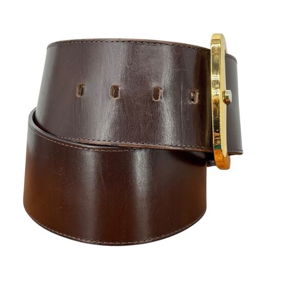 Ellen Tracy Wide Italian Leather Belt Small Women’s Brown Oversized Gold Buckle - Picture 9 of 10
